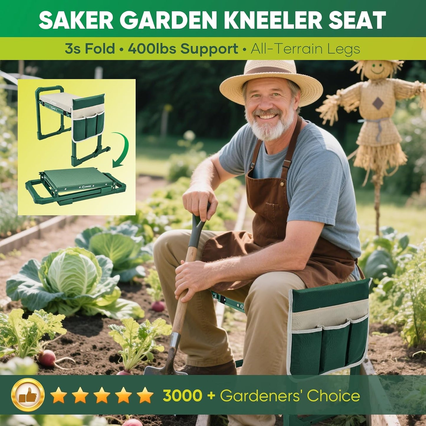 Saker Garden Kneeler and Seat Foldable Gardening Stool with Extendable Legs & Thickened Pad, Tool/Storage Bag, Heavy Duty 400lbs Support for Elderly, Gardening, Outdoor Use