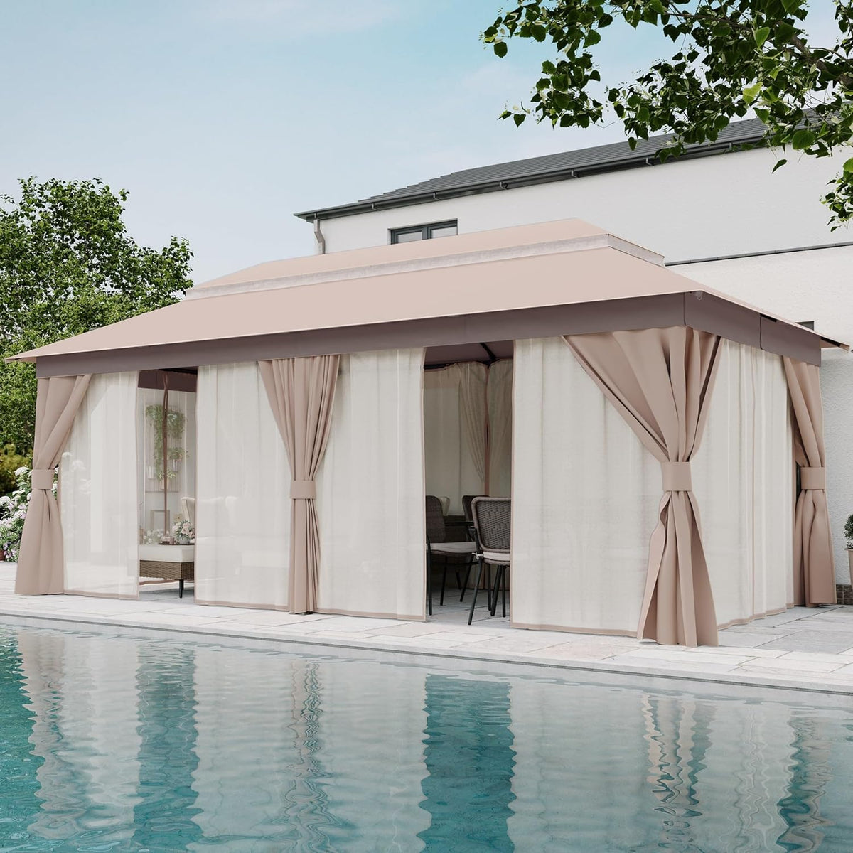 10x20 Gazebo Canopy with 100FT String Lights, Metal Heavy Duty Patio Canopy Tent with Double Roofs, Mosquito Nettings and Privacy Screens for Backyard, Garden, Lawn, Gray