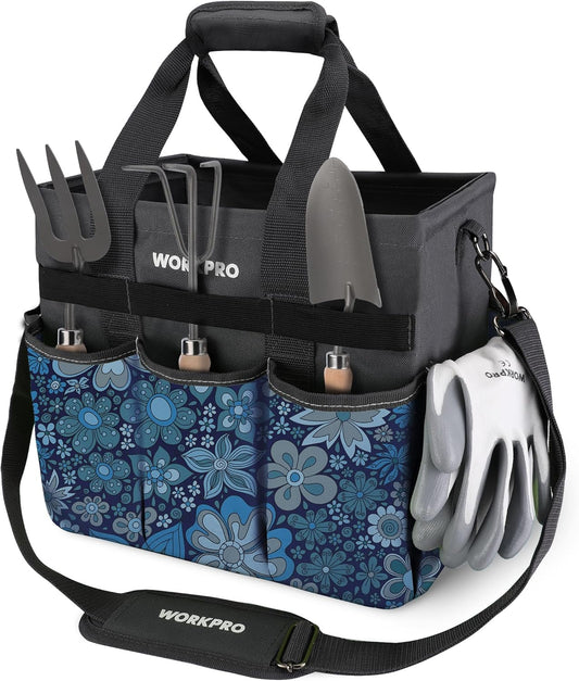WORKPRO Garden Tool Bag Organizer, Heavy Duty Gardening Tote Bag with 10 Pockets and Long Adjustable Shoulder Strap, Standable Garden Home Tool Kits Organizer, Green (Tools are not Included)