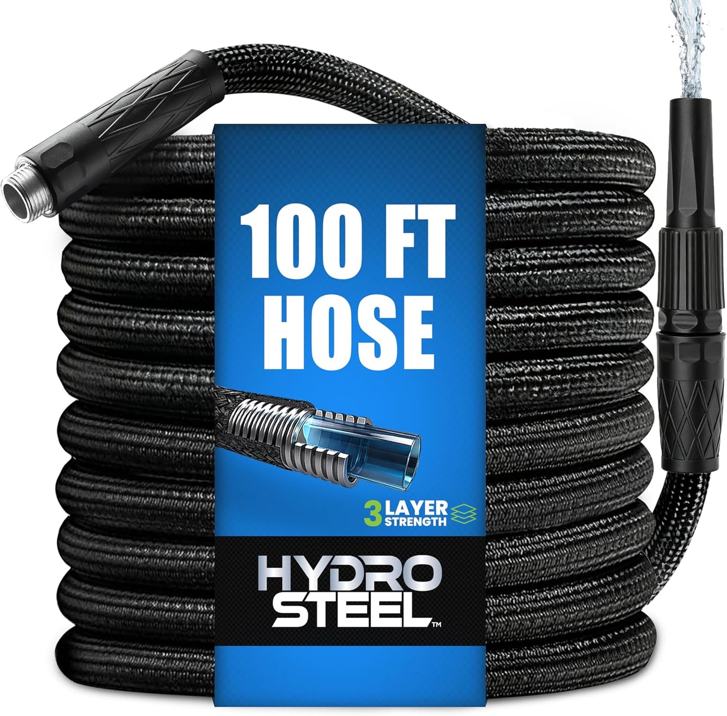 Hydrosteel 50 Ft Metal Garden Hose with Nozzle, Water Hose Made from Heavy Duty 304 Stainless Steel, Flexible, Lightweight, Crush Resistant Fittings, Non Kinking, 5/8” Diameter, 600 PSI