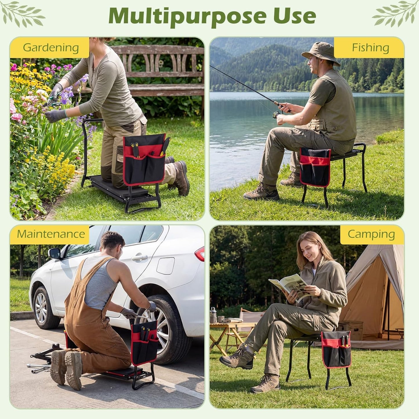 2-in-1 Garden Kneeler & Seat, Folding Seat w/EVA Foam Kneeling Pad & Removable Tools Pouch, Sturdy Steel Frame, No Assembly, Portable Heavy Duty Garden Stool for Women & Men
