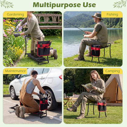 2-in-1 Garden Kneeler & Seat, Folding Seat w/EVA Foam Kneeling Pad & Removable Tools Pouch, Sturdy Steel Frame, No Assembly, Portable Heavy Duty Garden Stool for Women & Men