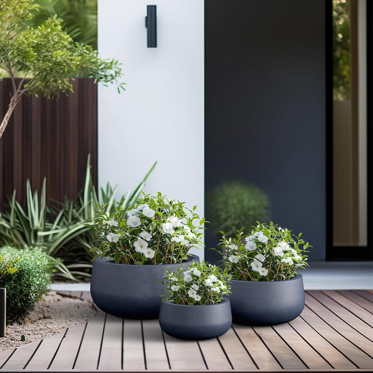 Kante 15.7" Dia Round Concrete Planter, Outdoor Indoor Garden Plant Pots with Drainage Hole and Rubber Plug, Modern Curvaceous Design, Slate Gray