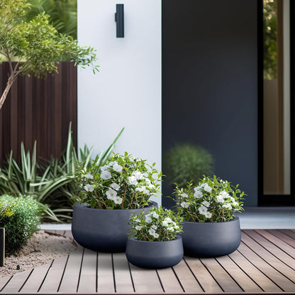 Kante 15.7" Dia Round Concrete Planter, Outdoor Indoor Garden Plant Pots with Drainage Hole and Rubber Plug, Modern Curvaceous Design, Slate Gray