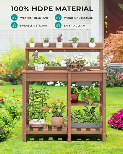 SERWALL Outdoor Potting Bench with Removeable Sink,Rot-Resistant HDPE Potting Table for Outside Gardening, All Weather Use - Gray