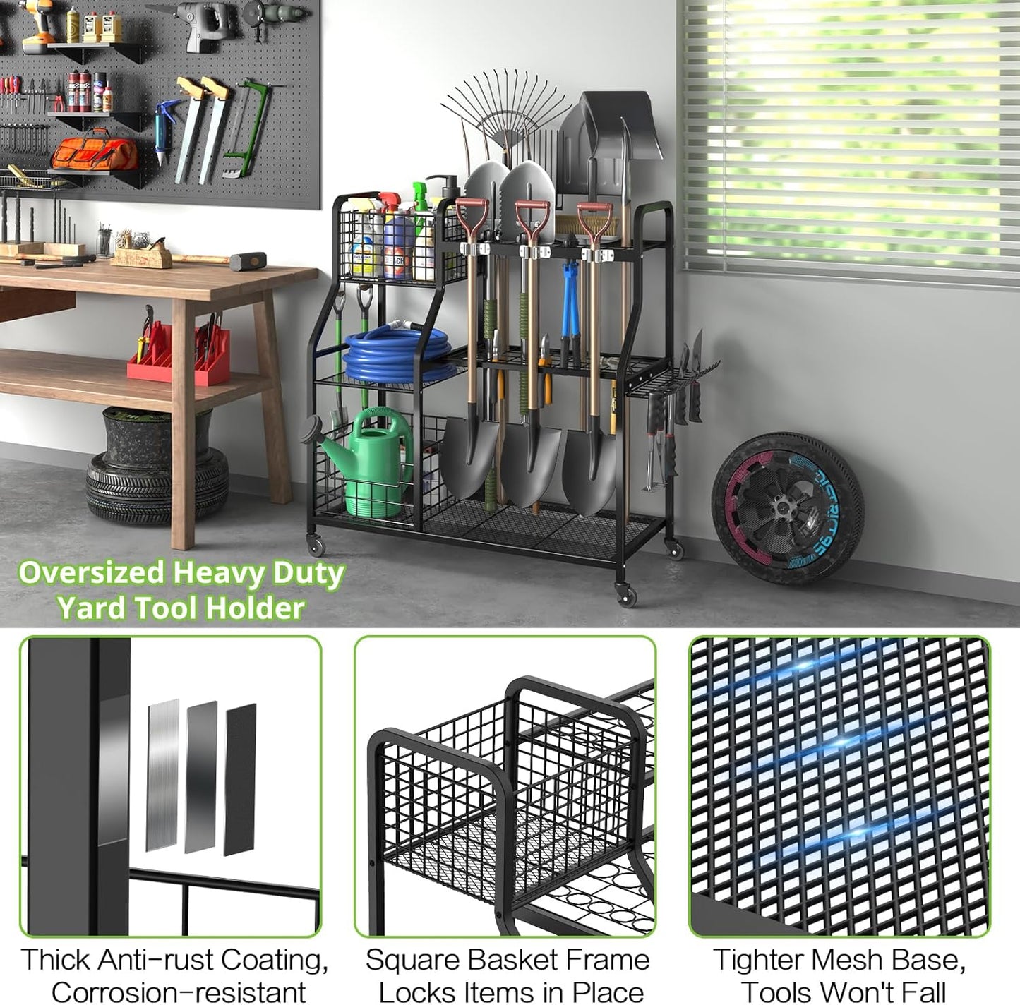 keomaisyto Garden Tool Organizer for Garage Organization, 3 Tier Yard Tool Storage Rack with 35 Long-Handled Tool Slots, Heavy Duty Garden Tool Holder with Large Hooks for Shed, Yard, Garage