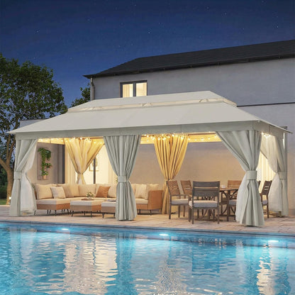 10x20 Gazebo Canopy with 100FT String Lights, Metal Heavy Duty Patio Canopy Tent with Double Roofs, Mosquito Nettings and Privacy Screens for Backyard, Garden, Lawn, Gray