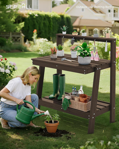 SERWALL Outdoor Potting Bench with Removeable Sink,Rot-Resistant HDPE Potting Table for Outside Gardening, All Weather Use - Gray