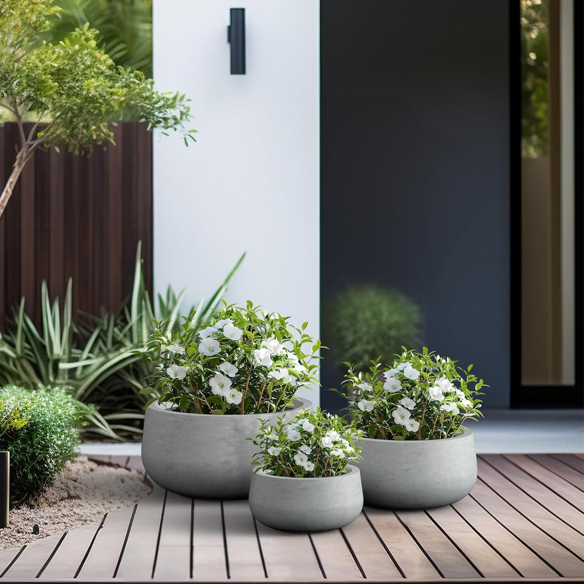 Kante 15.7" Dia Round Concrete Planter, Outdoor Indoor Garden Plant Pots with Drainage Hole and Rubber Plug, Modern Curvaceous Design, Slate Gray