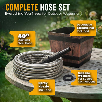 Bernini 40-Ft Metal Garden Hose with Storage Pot, Heavy-Duty, Flexible and Expandable Garden Hose, Kink-Free Stainless Steel, Includes Spray Nozzle & Brass Fittings