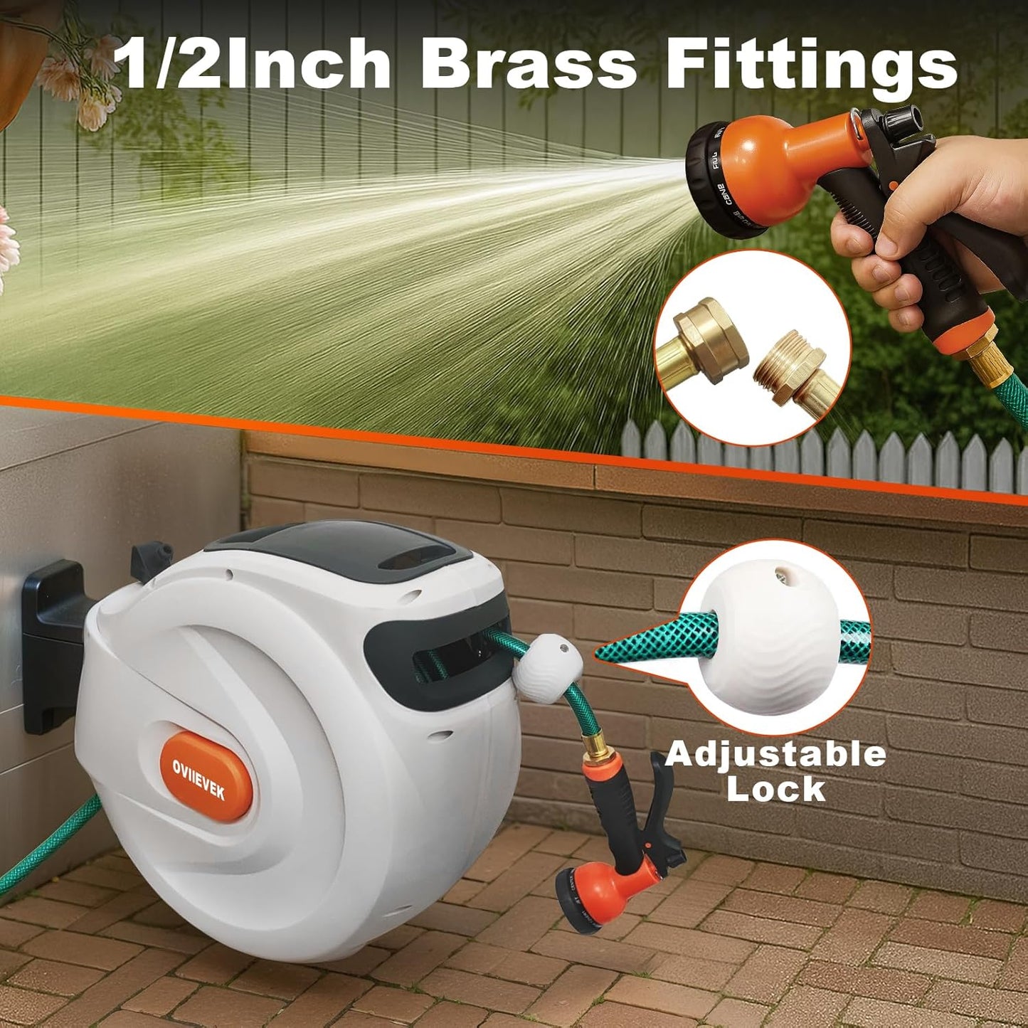 Retractable Garden Hose Reel,1/2 Inch x 100ft Wall Mounted Hose Wall,180° Swivel Bracket,With Built-in Nozzle,Slow Retraction Any Length Lock.