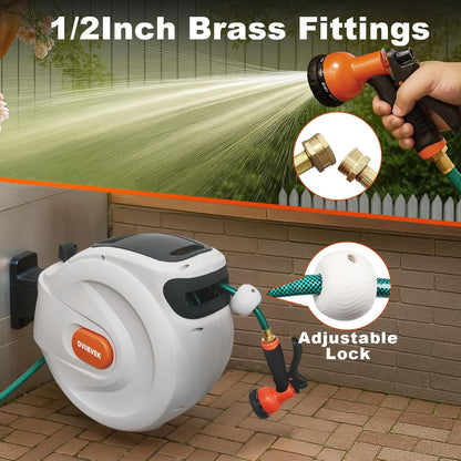 Retractable Garden Hose Reel,1/2 Inch x 100ft Wall Mounted Hose Wall,180° Swivel Bracket,With Built-in Nozzle,Slow Retraction Any Length Lock.