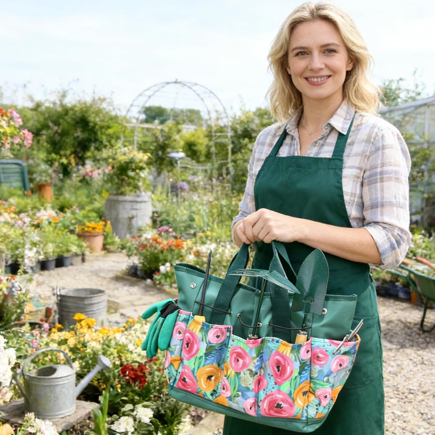 Waterproof Garden Tool Bag, 600D Oxford Portable Gardening Tote with Handle & Multi Pockets, Ideal Gifts for Parents Women (Green, Tools Not Included)