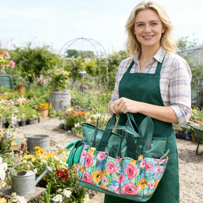 Waterproof Garden Tool Bag, 600D Oxford Portable Gardening Tote with Handle & Multi Pockets, Ideal Gifts for Parents Women (Green, Tools Not Included)