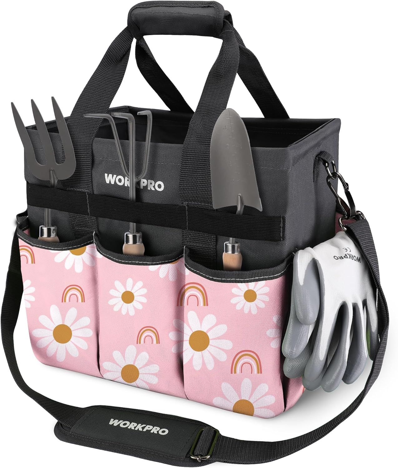 WORKPRO Garden Tool Bag Organizer, Heavy Duty Gardening Tote Bag with 10 Pockets and Long Adjustable Shoulder Strap, Standable Garden Home Tool Kits Organizer, Green (Tools are not Included)