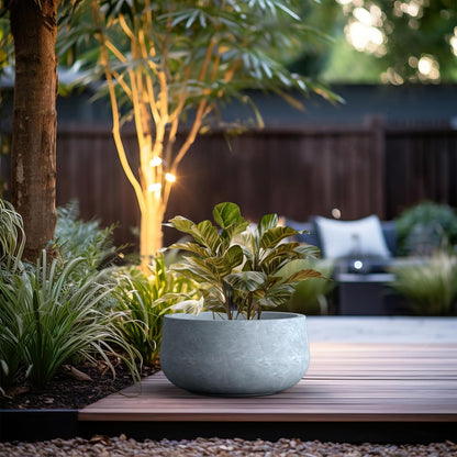 Kante 15.7" Dia Round Concrete Planter, Outdoor Indoor Garden Plant Pots with Drainage Hole and Rubber Plug, Modern Curvaceous Design, Slate Gray