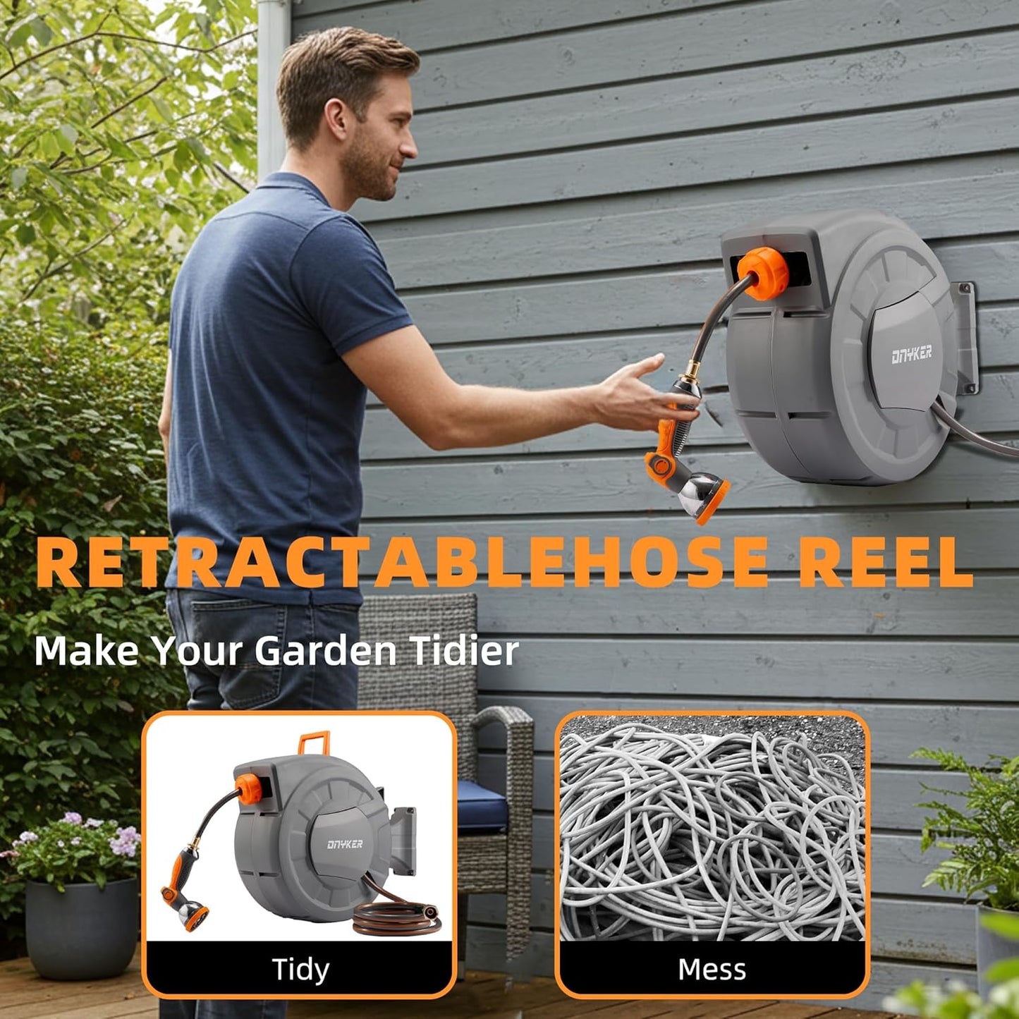 Retractable Garden Hose Reel, 1/2 inch x 100 ft Water Hose Reel Wall Mounted, Any Length Lock, Slow Auto-Rewind, 180°Swivel Bracket & 10 Pattern Nozzle