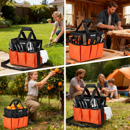 GrenPRO Garden Tool Bag Molded Bottom, Heavy Duty Tool Tote Toolbox with 10 Pockets, Reinforced & Top Snap Closure for Gardening Tools Storage, Dark Green(Tools Not Included)