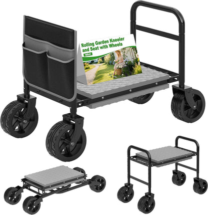NIUXX Garden Kneeler and Seat with 360° Wheels: 3-in-1 Rolling Garden Stool with Extendable Legs - Foldable Garden Seat with Thick Pad & Tool Pouches - Heavy Duty Gardening Bench for Seniors