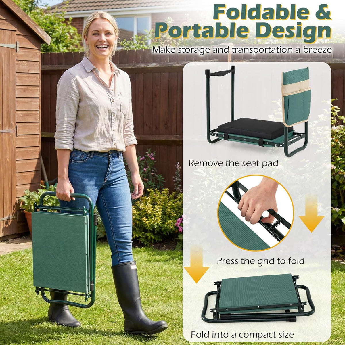 2-in-1 Garden Kneeler & Seat, Folding Seat w/EVA Foam Kneeling Pad & Removable Tools Pouch, Sturdy Steel Frame, No Assembly, Portable Heavy Duty Garden Stool for Women & Men