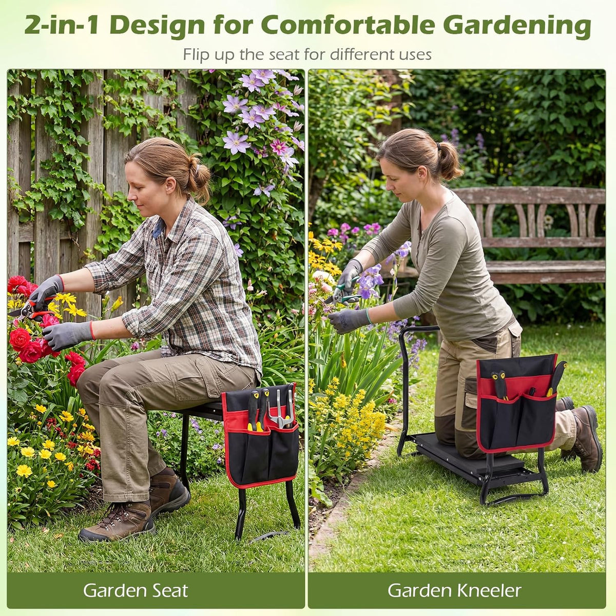 2-in-1 Garden Kneeler & Seat, Folding Seat w/EVA Foam Kneeling Pad & Removable Tools Pouch, Sturdy Steel Frame, No Assembly, Portable Heavy Duty Garden Stool for Women & Men