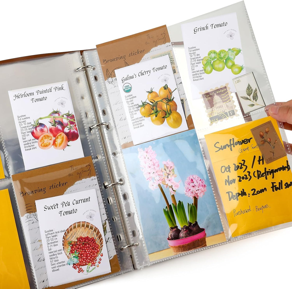 Seed Packet Organizer Binder, Garden Planner Packet with 25 Pack Clear Pocket Sleeves(Slot 3.9" x 5.5") 50Pcs Seed Storage Envelopes, Fit for Standard Seed Packets