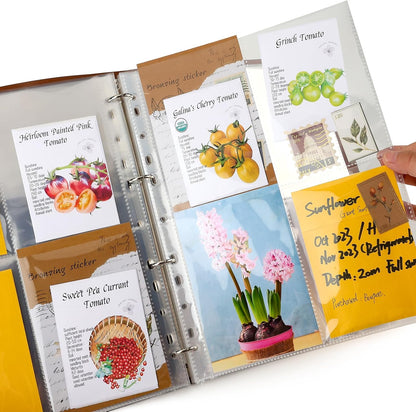 Seed Packet Organizer Binder, Garden Planner Packet with 25 Pack Clear Pocket Sleeves(Slot 3.9" x 5.5") 50Pcs Seed Storage Envelopes, Fit for Standard Seed Packets