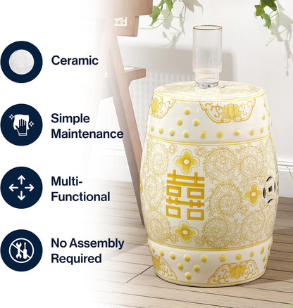 JONATHAN Y Double Happiness 18" Ceramic Garden Stool, Traditional Chinoiserie Dusty Teal and White Indoor/Outdoor Patio Drum Accent Side Table and Plant Stand TBL1013C