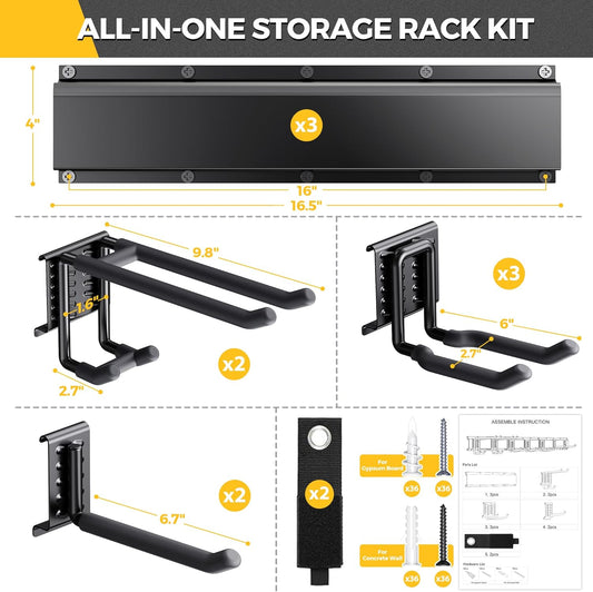 LBT 66" Garage Tool Organizer Wall Mount - 720lbs Garden Tool Organizer with Adjustable Hooks, Heavy Duty Metal Garage Storage Rack, Anti-Rust Shed Rack Holder Hanging Rake Broom Mower Snowboard