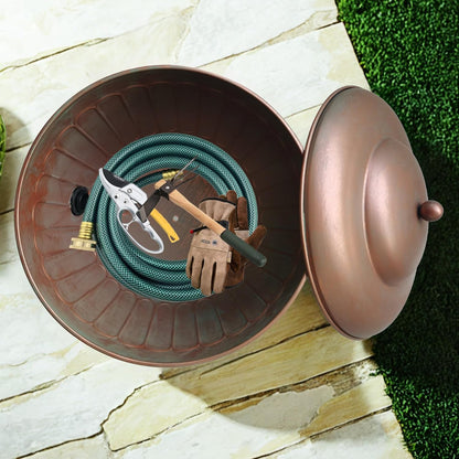 BSTGIFTS Garden Water Hose Holder - Decorative Metal Pot, Metal Hose Storage Pot, Garden Storage Organizer, Patio Portable Bucket - Antique Copper Accents, Holds up to 100ft Hoses (Embossed)