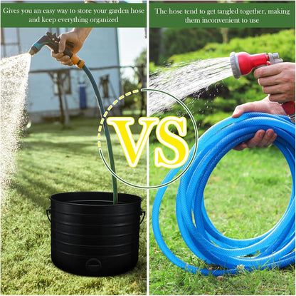 FillTouch Garden Hose Pot with Lid and Handle, Matte Black Ribbed Steel Garden Hose Holder Water Hose Storage Container for Outside Backyard Patio, Holds 100ft Hose