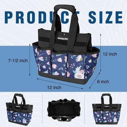 WORKPRO Garden Tool Bag, 9 Pockets Gardening Bag, Heavy Duty Oxford Garden Tote Caddy (Tools NOT Included), 12" x 12" x 6" (Floral White)