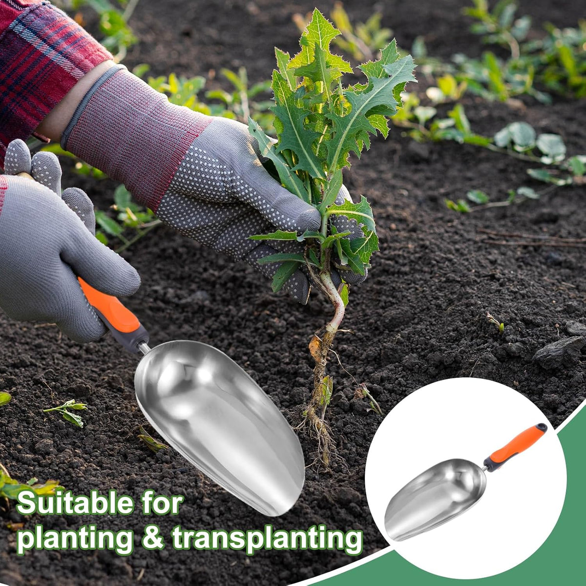 HARFINGTON Garden Soil Scoop 14.57 x 4.13 Stainless Steel Hand Shovel Spade with Handle for Planting Weeding Digging