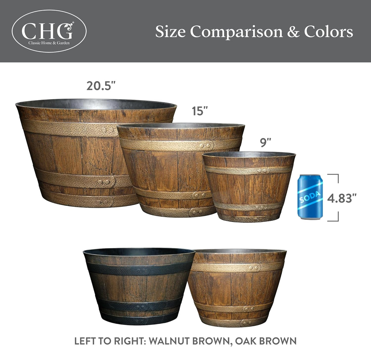 Classic Home & Garden by Growscape Whiskey Barrel Planters, Wooden Finish Flower Planter Pot, Decorative Garden Pots, Indoor Outdoor Resin Planters, Weather-Resistant Plant Pot (15” Oak Brown, 1-Pack)