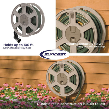 Suncast 100 ft Garden Hose Holder Wall Mount, Taupe Heavy-Duty Wall Mounted Water Hose Reel for Outside Use, Manually Retractable Sidewinder, Open Space-Saving Storage, Made in the USA