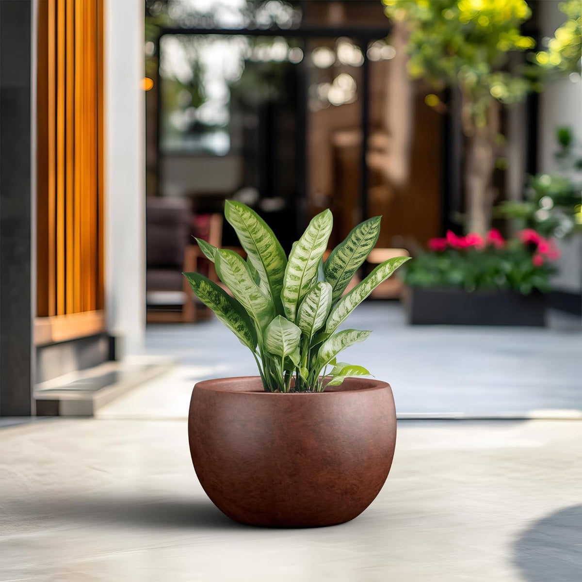 Large Round Bowl Vintage BRN Concrete Planter 19.9" Dia, Outdoor