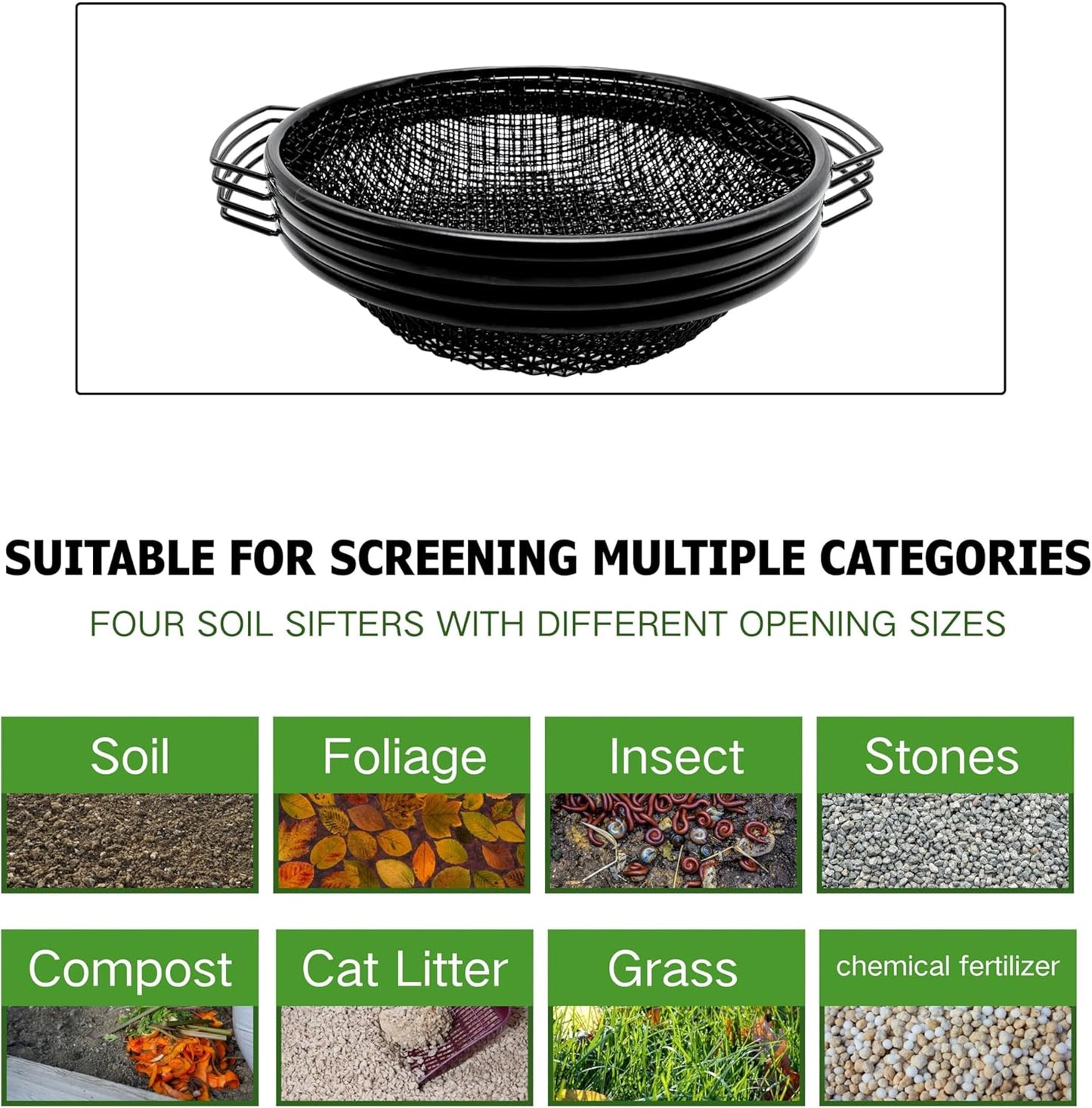 3PCS Soil Sifter for Gardening, Rock Sifter for 5gallon Bucket, Dirt Sifter Compost Sifter, Sifter for Gravel Sawdust Vermicompost, 3mm, 6mm,8mm, Soil Sifter with Handle