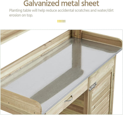 Yaheetech Outdoor Garden Potting Bench Table Work Bench Metal Tabletop W/Cabinet Drawer Open Shelf Natural Wood