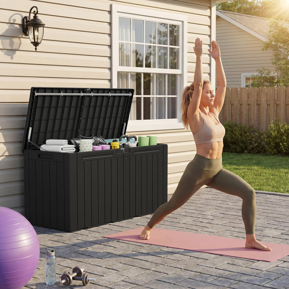 Devoko 100 Gallon Waterproof Large Resin Deck Box Indoor Outdoor Lockable Storage Container for Patio Furniture Cushions Garden Tools (100 Gallon, Black)