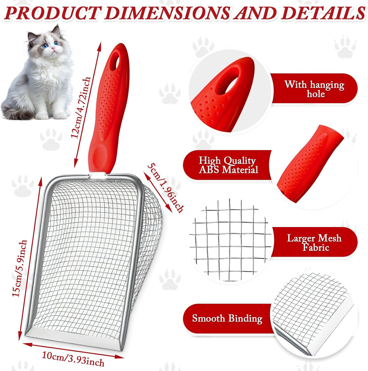 Cat Litter Scoop - Long Handle Scooper, Rustproof Stainless Steel Mesh, Non-Slip Grip, Deep Shovel Sifter for All Litter Types, Easy Clean Kitty Waste Litter for Litter Box(Black)