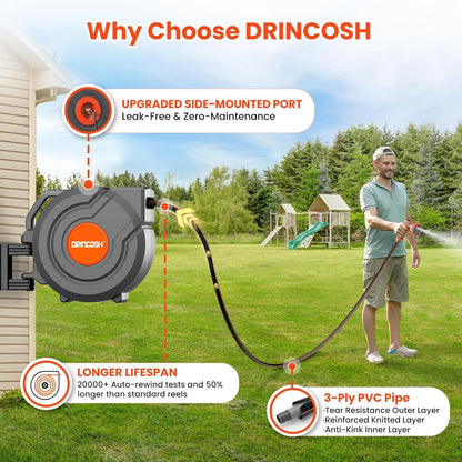 Retractable Garden Hose Reel 90 ft 5/8 inch Automatic Rewind with Any-Length Lock 9 Pattern Nozzle Sprayer 180° Swivel Wall-Mounted Hose Reel for Home Yards
