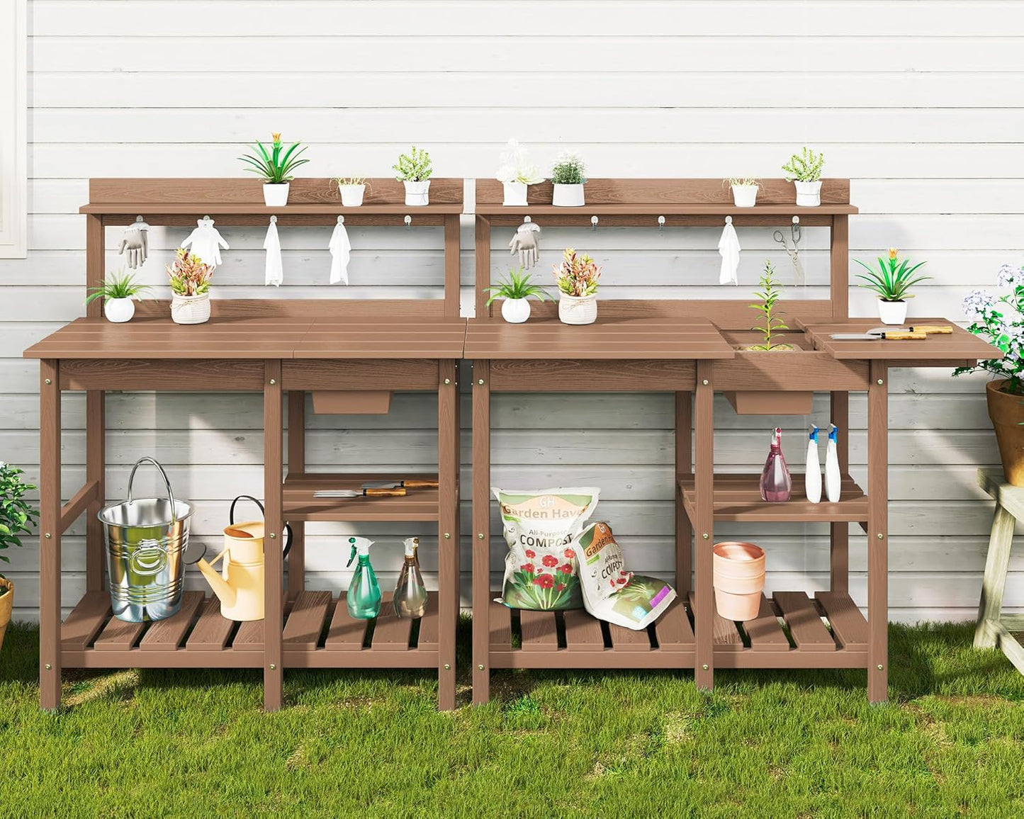 SERWALL Outdoor Potting Bench with Removeable Sink,Rot-Resistant HDPE Potting Table for Outside Gardening, All Weather Use - Gray