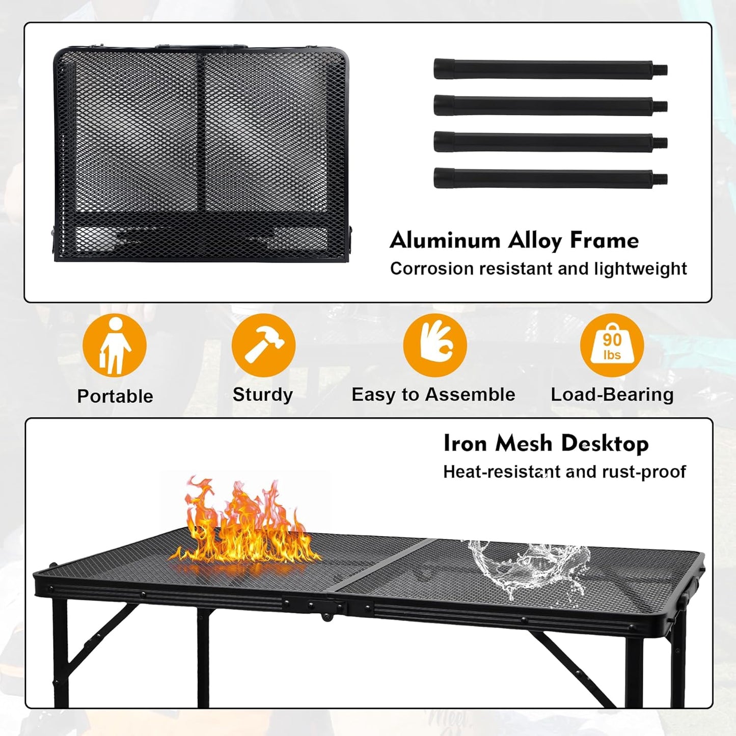 GREGIN Camping Table with Mesh Desktop, Lightweight & Portable Small Folding Grill Table, Height Adjustable Metal Outdoor Table for Camp, Cooking, BBQ, RV, Picnic-2 FT Black