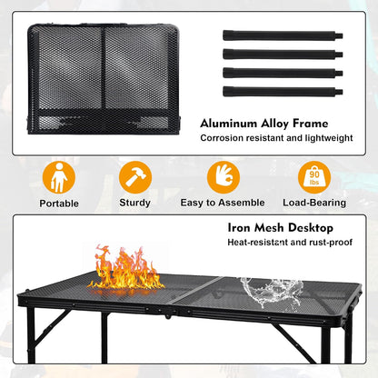 GREGIN Camping Table with Mesh Desktop, Lightweight & Portable Small Folding Grill Table, Height Adjustable Metal Outdoor Table for Camp, Cooking, BBQ, RV, Picnic-2 FT Black