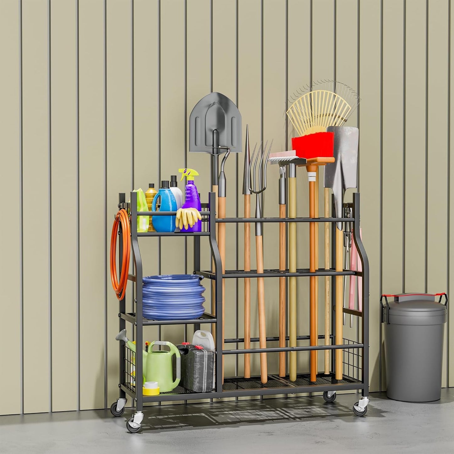 3 Tier Garden Tool Organizer, Garage Storage and Organization, Metal Yard Tools Storage up to 78 Tools, Heavy Duty Garden Tool Organizer for Garage, Yard, Patio, Shed, Indoors and Outdoors, Black