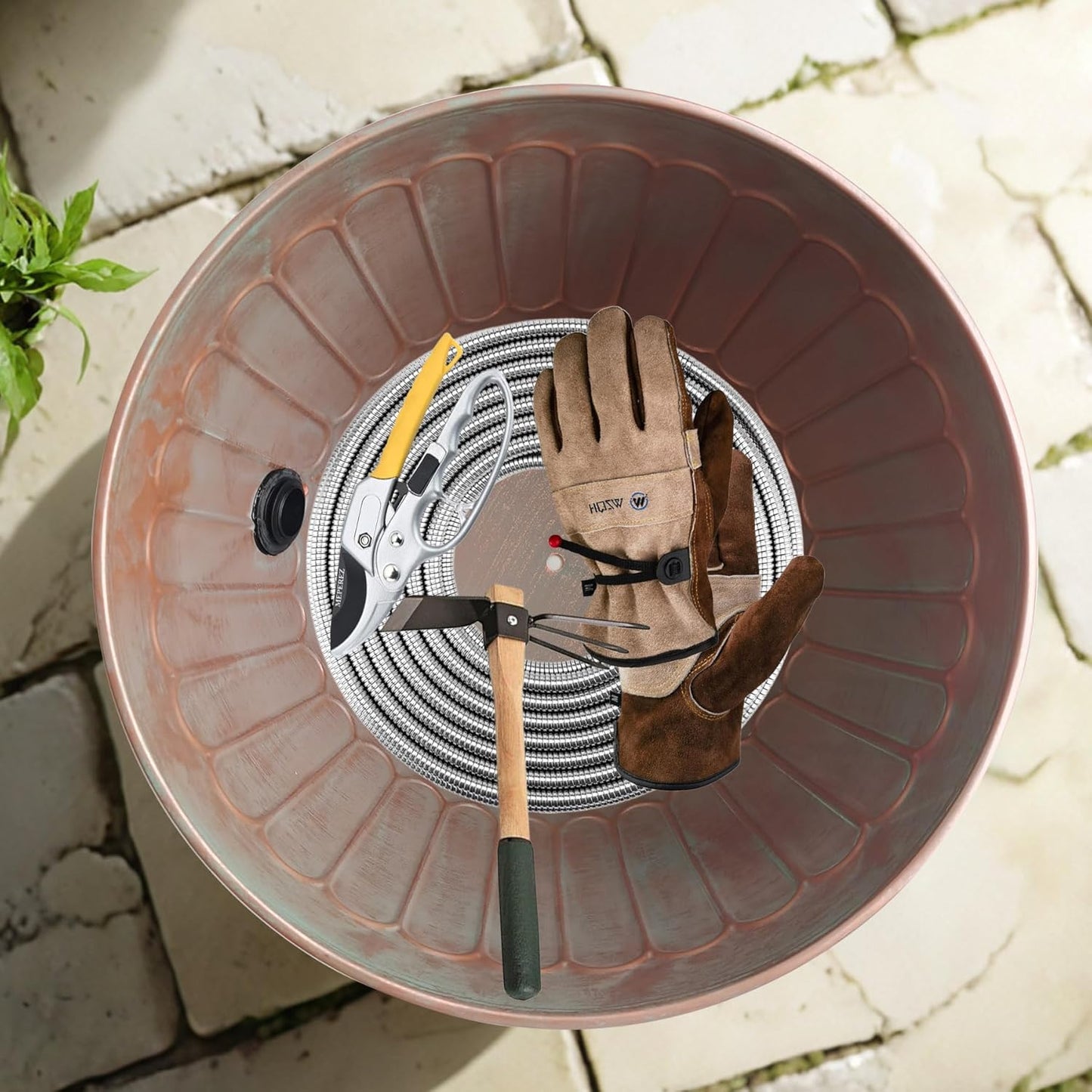 BSTGIFTS Garden Water Hose Holder - Decorative Metal Pot, Metal Hose Storage Pot, Garden Storage Organizer, Patio Portable Bucket - Antique Copper Accents, Holds up to 100ft Hoses (Embossed)
