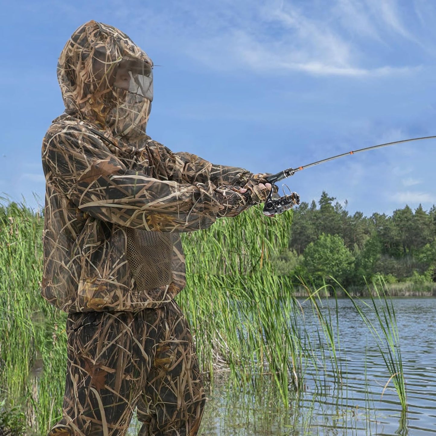 Mosquito Netting Suit Bug Net Mesh Clothing with Hood Outdoor Garden Hunting Camo Protection from Fly Insects Bugs