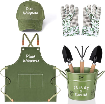 Tarpop Garden Tool Set Christmas Plant Whisperer Gardening Gifts for Women, 7 Pcs Vegetable Planting Tool Kit Cap Canvas Apron Gloves Soil Scoop Transplant Trowel Cultivator Flower Tub(Green)