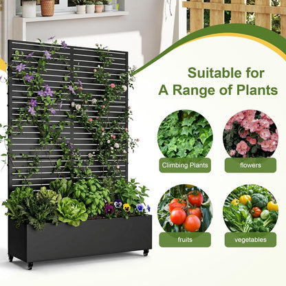 Casaphoria Metal Raised Garden Bed with Trellis and Wheels, 72"x47"x16" Planter Box for Climbing Plants, Vegetables & Vines, Features Drainage Holes and Privacy Screen (Black-Louver) - Colors C