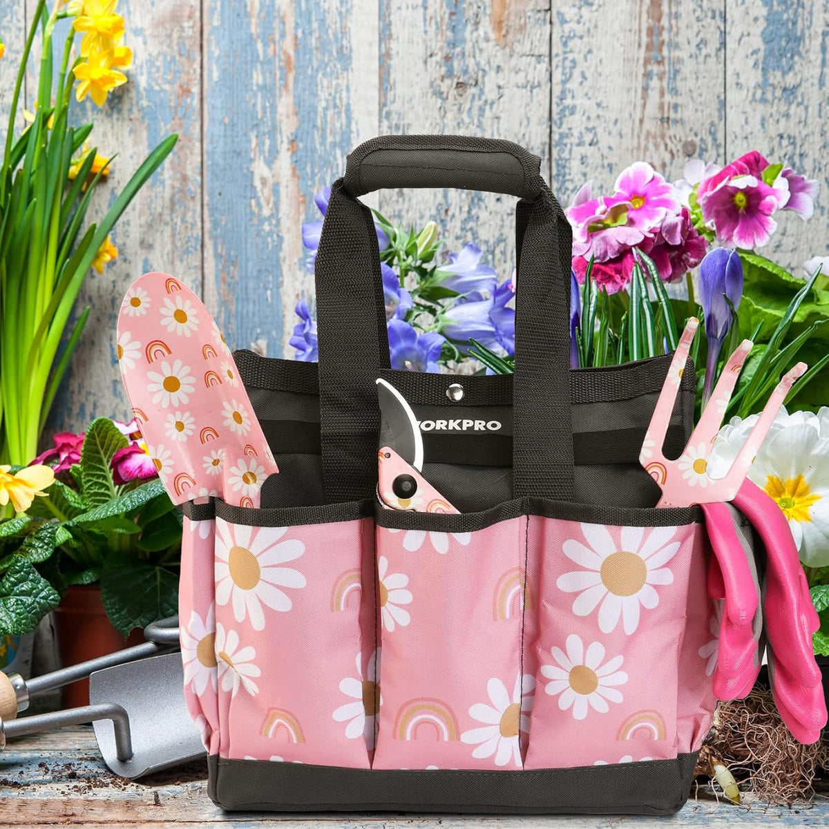 WORKPRO Garden Tool Bag, 9 Pockets Gardening Bag, Heavy Duty Oxford Garden Tote Caddy (Tools NOT Included), 12" x 12" x 6" (Floral White)